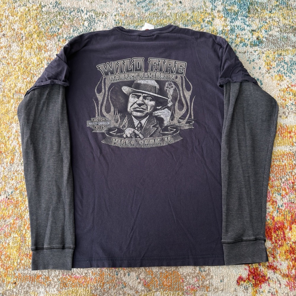 Y2K Harley Davidson Wild Fire Shirt Villa Park IL Thermal Sleeve Gangster L